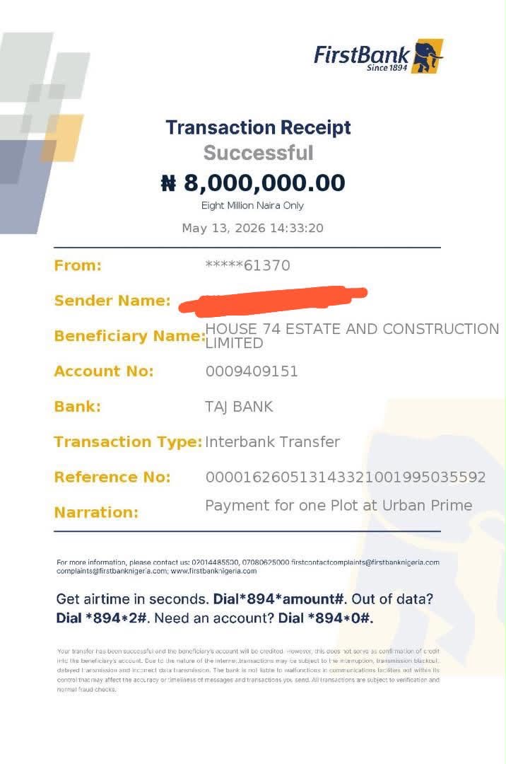 Transaction receipt: ₦8,000,000 — Plot at Urban Prime