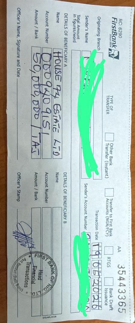 Transaction receipt: ₦50,000,000 — Estate purchase