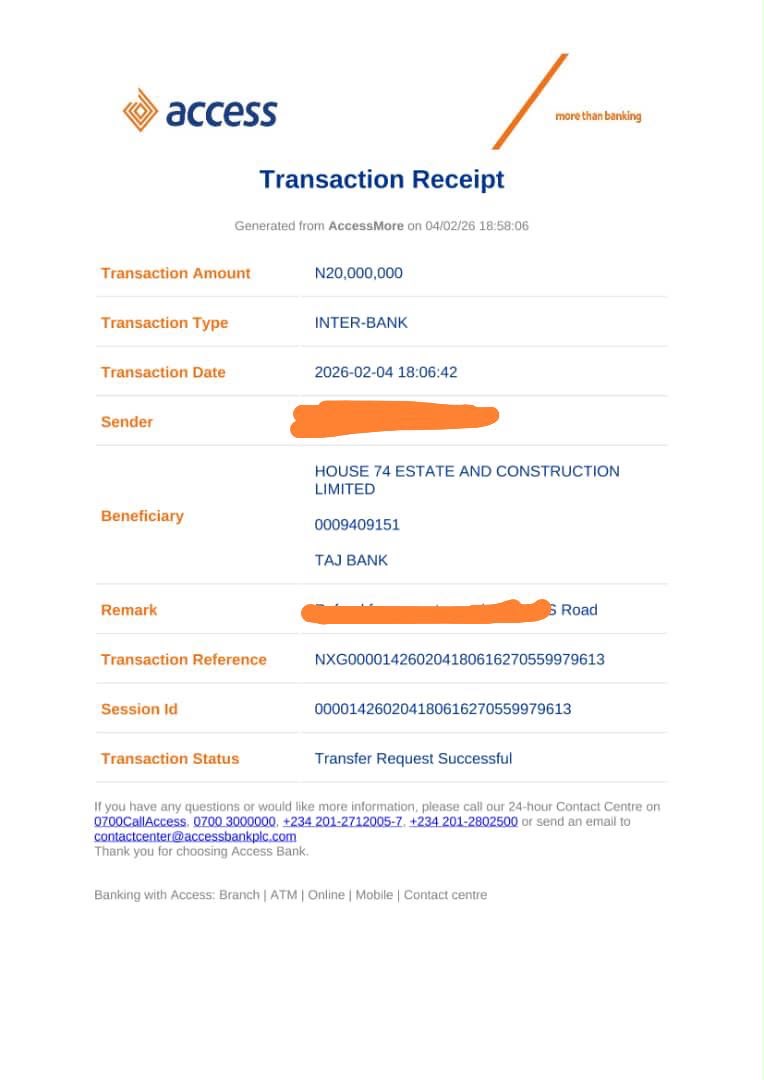 Transaction receipt: ₦20,000,000 — Bronze City Estate
