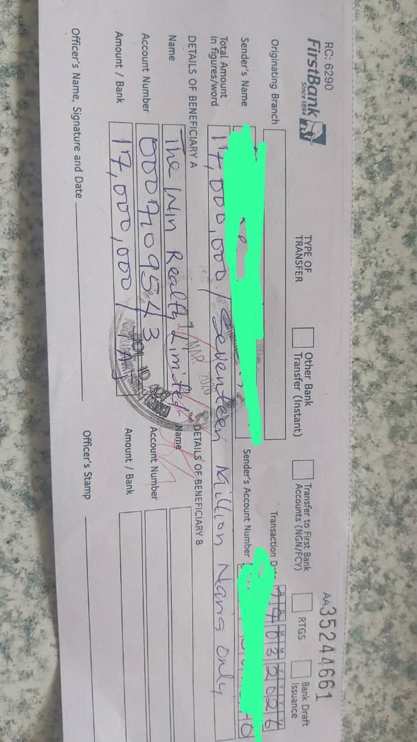 Transaction receipt: ₦17,000,000 — Bank draft — The Win Realty