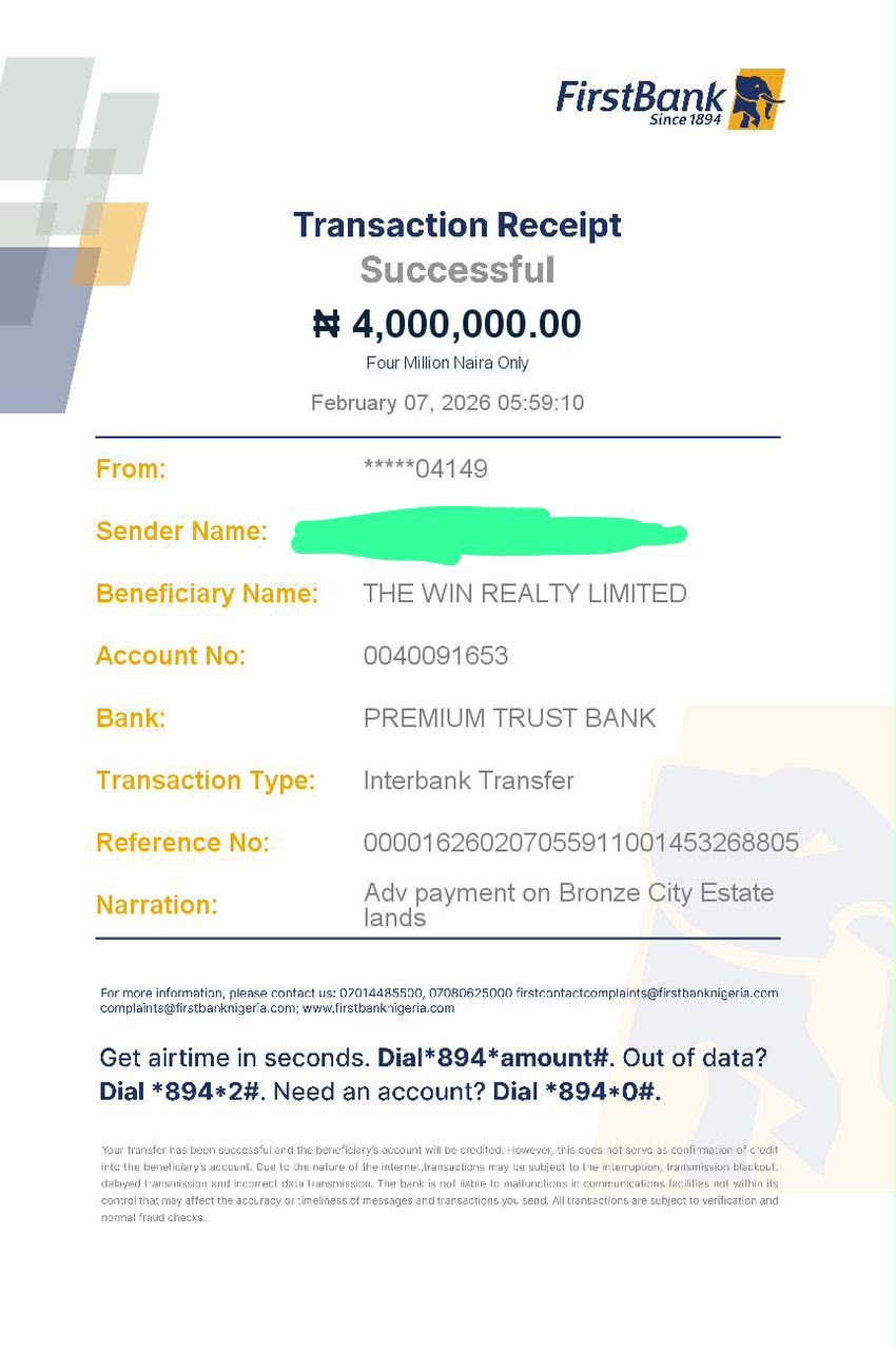 Transaction receipt: ₦4,000,000 — Bronze City Estate lands