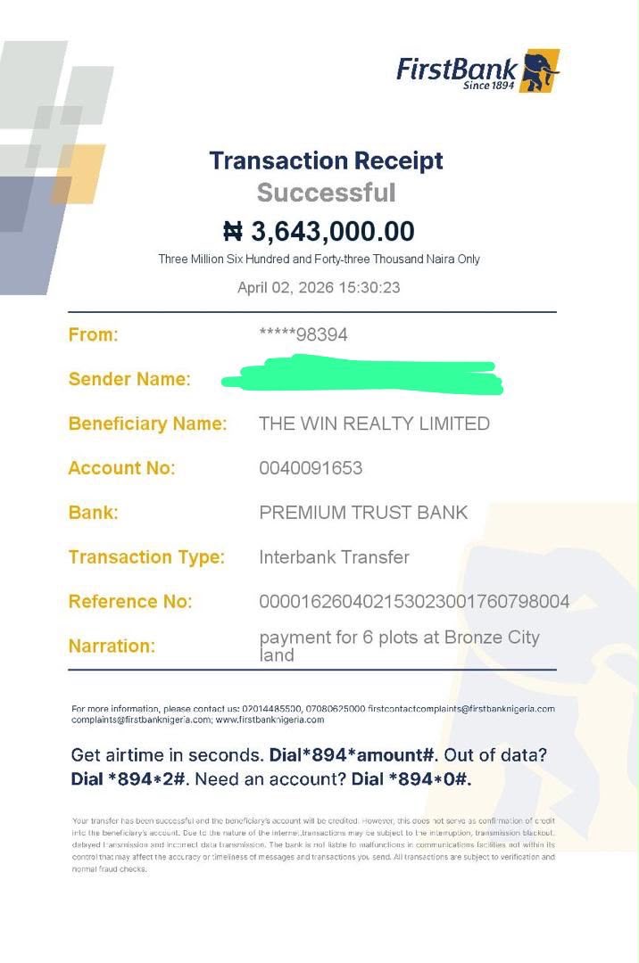 Transaction receipt: ₦3,643,000 — 6 plots at Bronze City