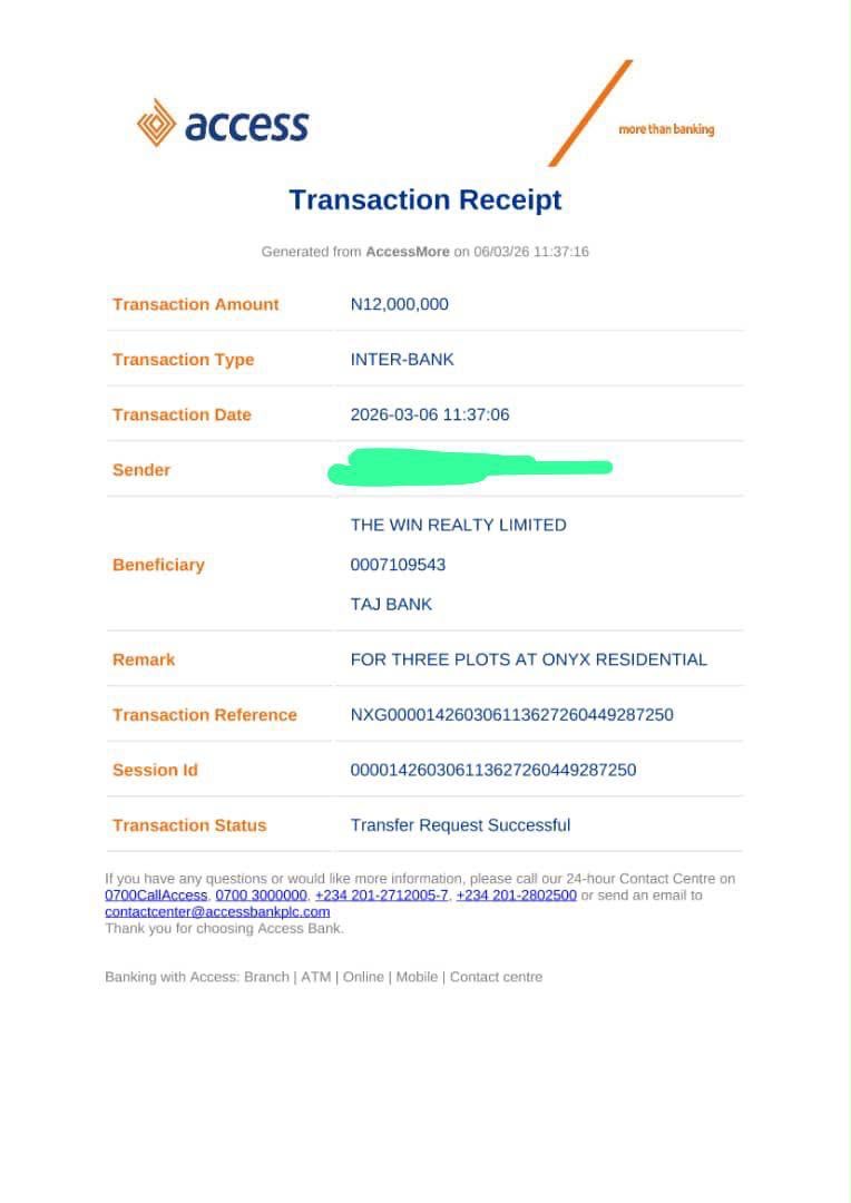 Transaction receipt: ₦12,000,000 — 3 plots at Onyx Residential